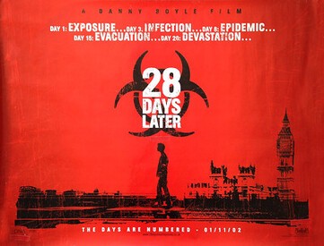 28 Days Later (2002) poster: a red field, a biohazard symbol over the title, a lone figure, and the London skyline in black