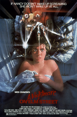 A Nightmare on Elm Street (1984) poster: a woman in bed looks up as a bladed glove reaches down from above