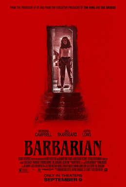 Barbarian (2022) poster: a woman standing in a lit doorway on a red field, with the title below