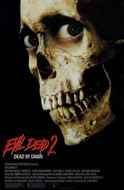 Evil Dead II (1987) poster: a close-up of a skull-like face with bulging eyes on a black field, the red title below