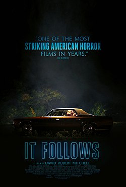 It Follows (2014) poster: a dark night, a car with two figures inside, and the title in pale blue