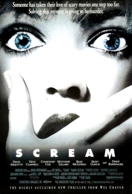 Scream (1996) theatrical poster: a close-up of a face with a hand over the mouth and eyes wide open