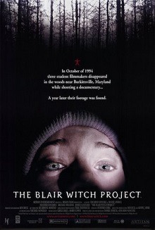 The Blair Witch Project (1999) poster: a face in a knit cap stares out of the dark woods