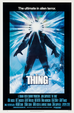 The Thing (1982) theatrical poster: a figure outlined in burning light against the Antarctic dark